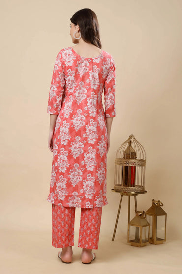 Back view of pure cotton floral printed kurti set for women by Rabric