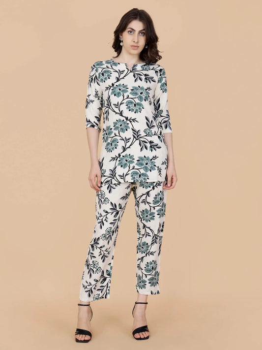 Stylish floral printed rayon top and pant set for women front view