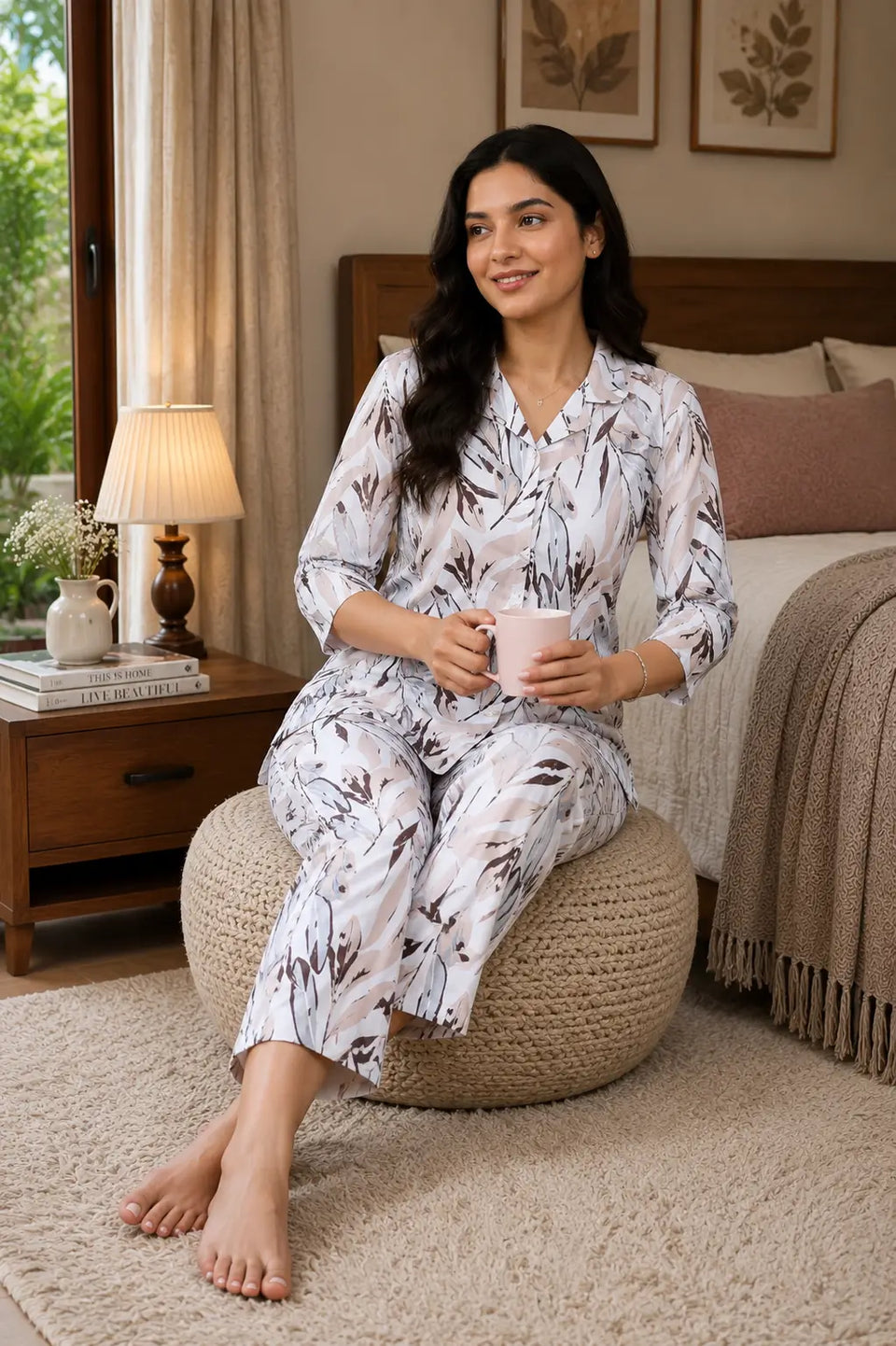 Casual lifestyle image of Rabric women glace cotton beige co-ord night suit set with soft botanical leaf print and relaxed fit