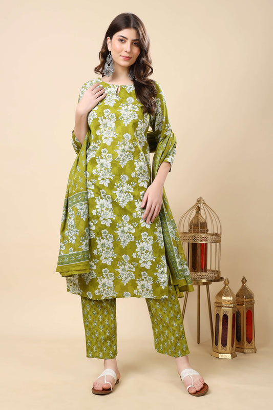 Rabric Women’s Olive Green Floral Cotton Kurti Set with Pant – Front View