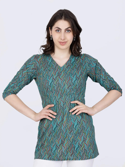 Premium Green Printed Short Cotton Kurti Front View by Rabric