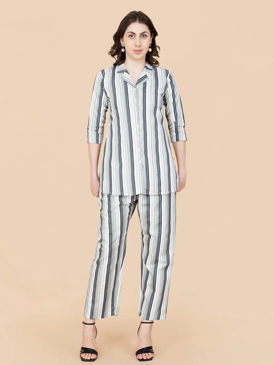 Premium cotton green striped printed co-ord set for women by Rabric – front view