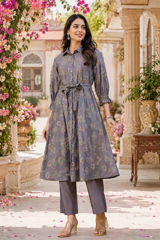 Rabric grey Vertican Silk women co-ord set front view