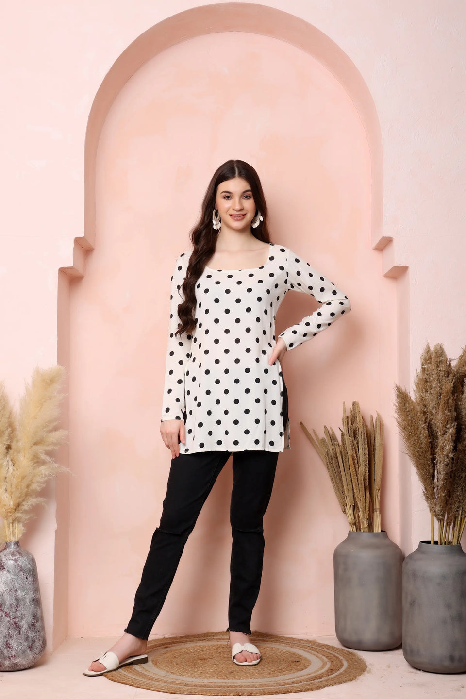 RABRIC ivory white and black polka dot viscose rayon short kurti for women lifestyle look