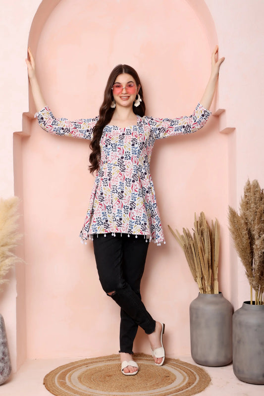 RABRIC ivory multicolour floral pure cotton short kurti for women front view with flared fit