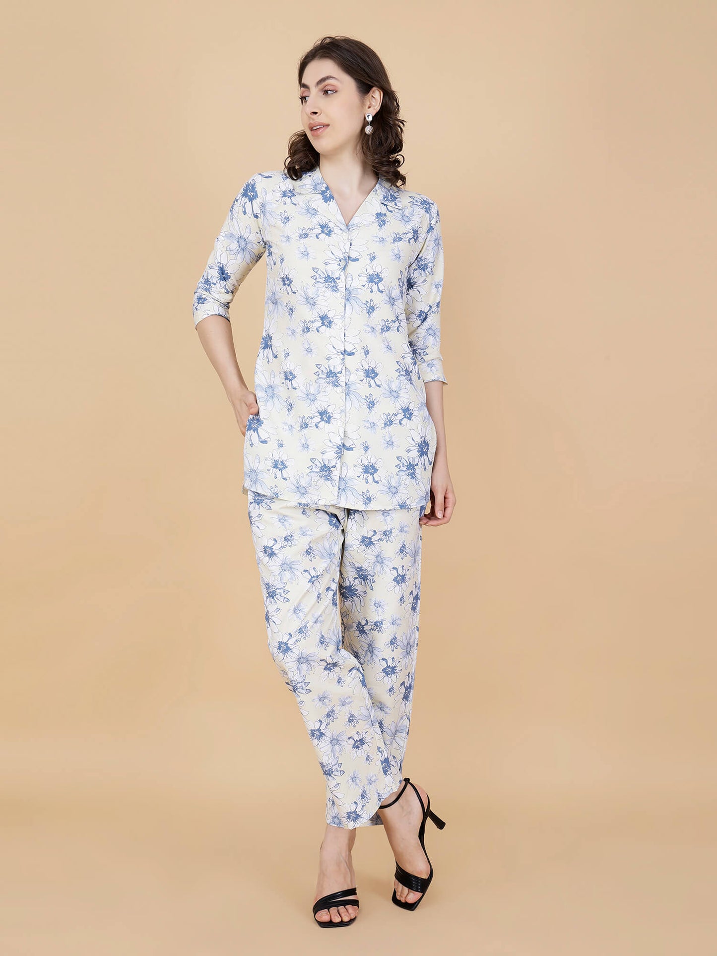 Side View of Light Yellow Blue Floral Printed Co-ord Set for Women