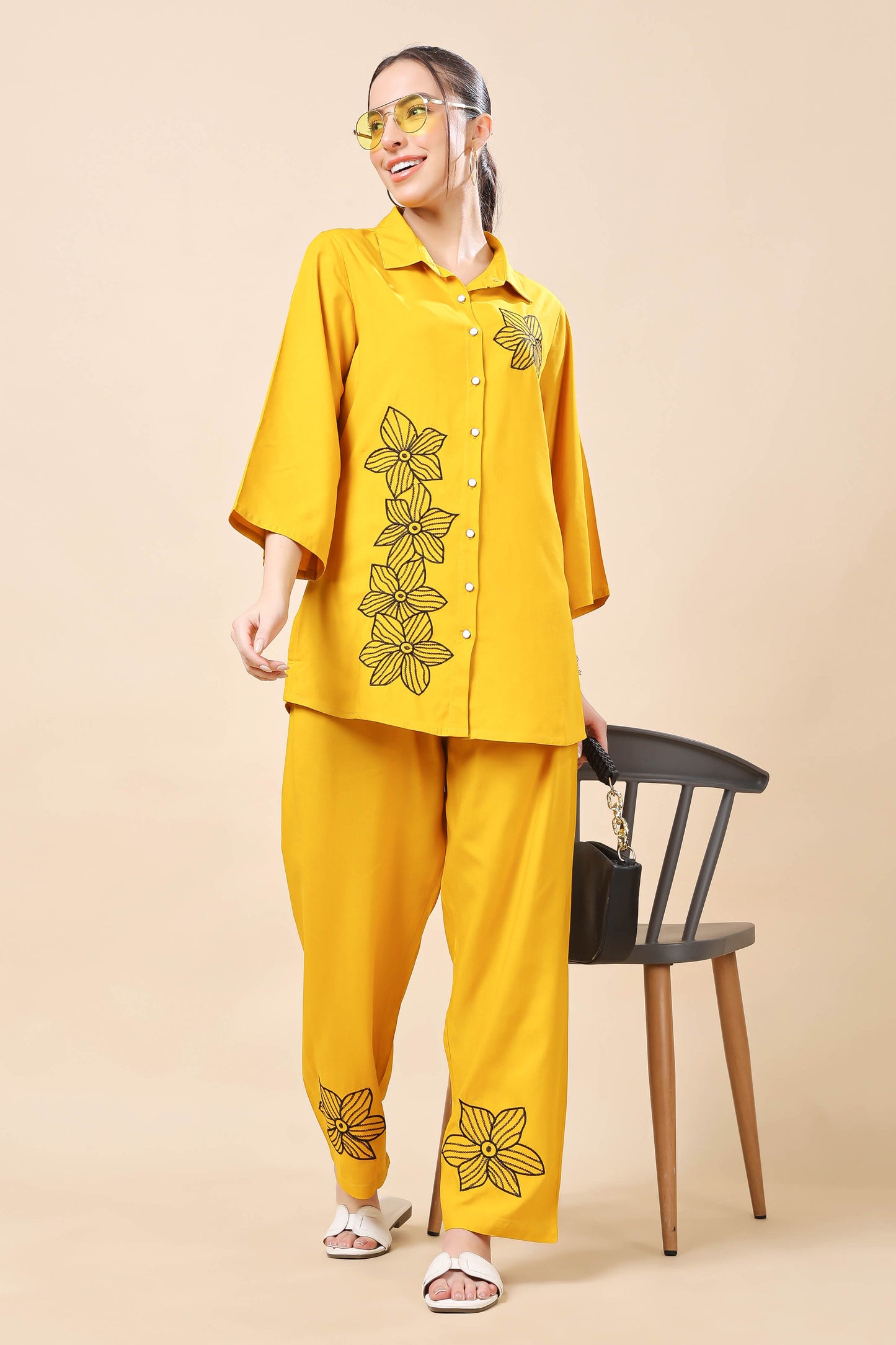 Flat lay image of Rabric premium rayon co-ord set with embroidery