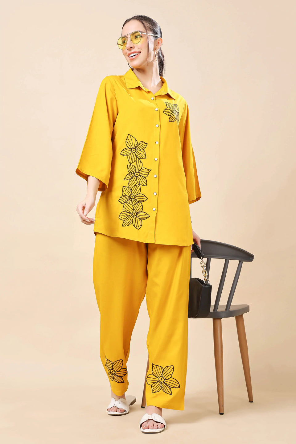 Flat lay image of Rabric premium rayon co-ord set with embroidery