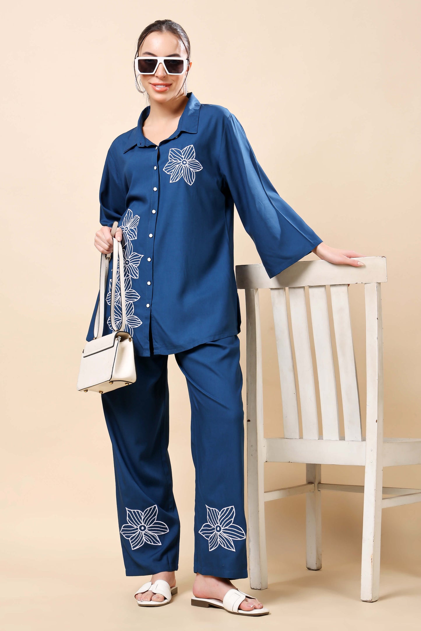 Flat lay image of Rabric premium rayon navy blue co-ord set for women