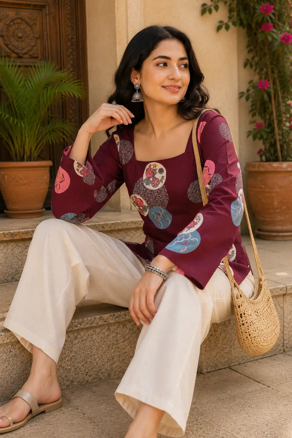 Rabric maroon cotton short top casual sitting pose with square neck, bell sleeves, cotton fabric and floral circle print