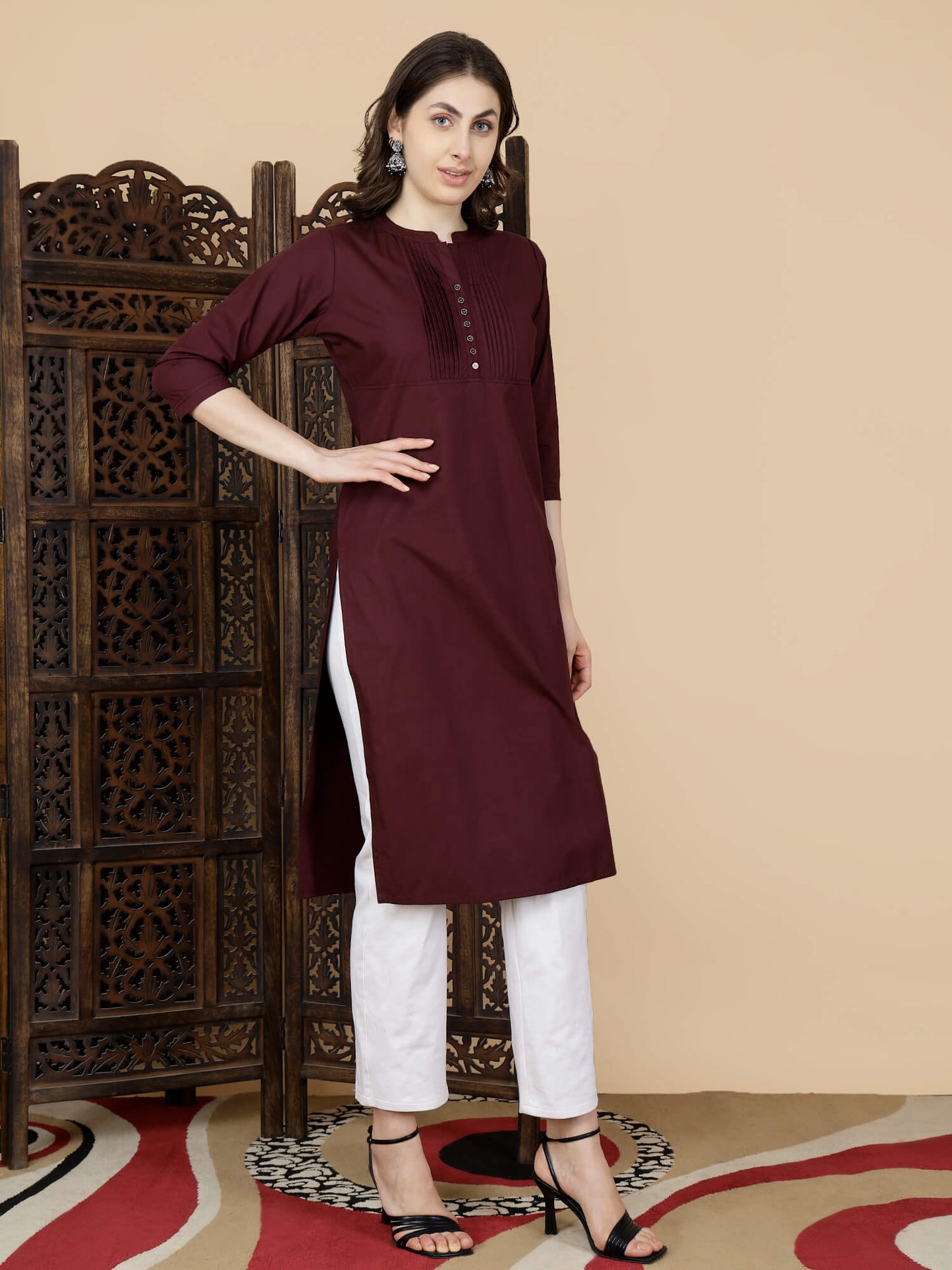 Close-up of Pintuck Design on Maroon Cotton Kurti Neckline