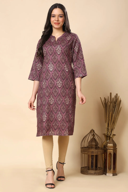 Women maroon printed long kurti front view cotton flex