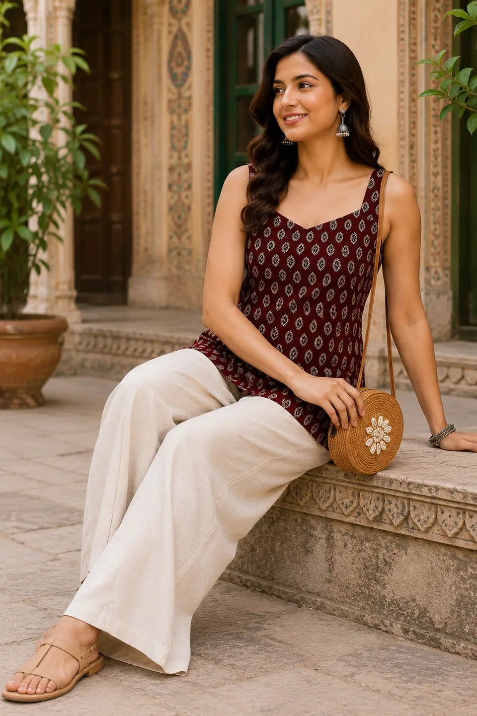 Rabric maroon pure cotton sleeveless short top with paisley leaf print styled with wide leg trousers for trendy Gen Z casual fashion