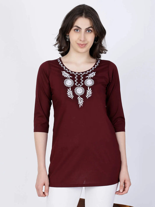 Rabric Maroon Poplin Cotton Short Kurti Front View – Women’s Embroidered Kurti