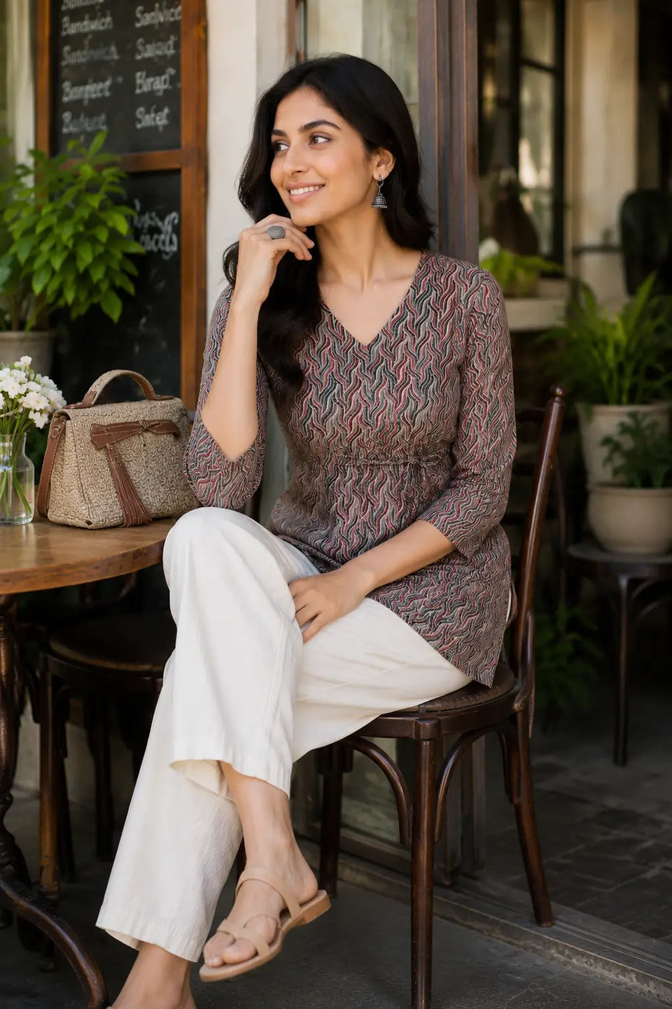 Rabric multicolor printed cotton short top sitting lifestyle image featuring soft breathable cambric cotton and elegant casual styling
