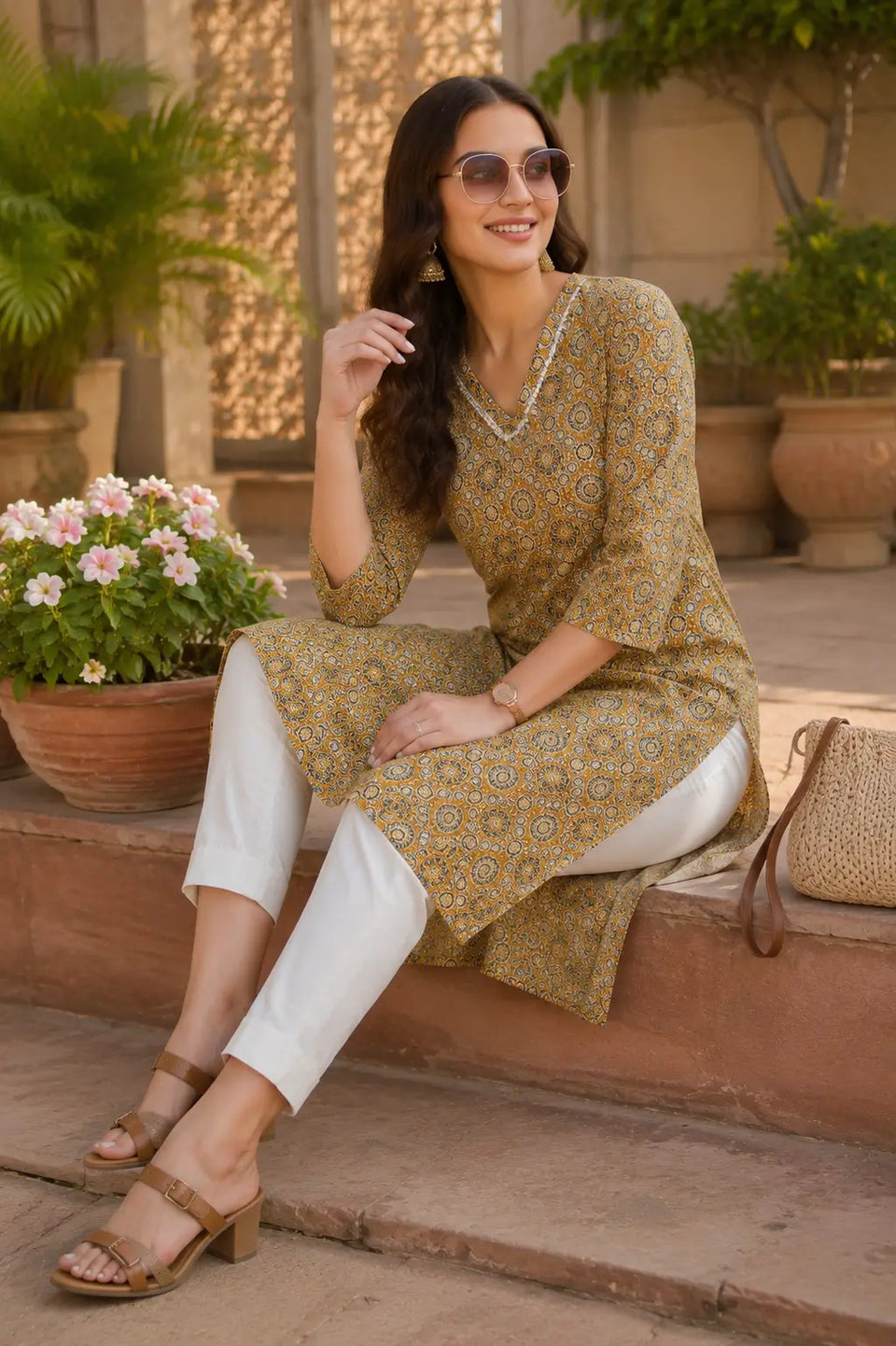 Women wearing Rabric mustard printed cotton kurti paired with white pants stylish casual ethnic outfit for daily wear