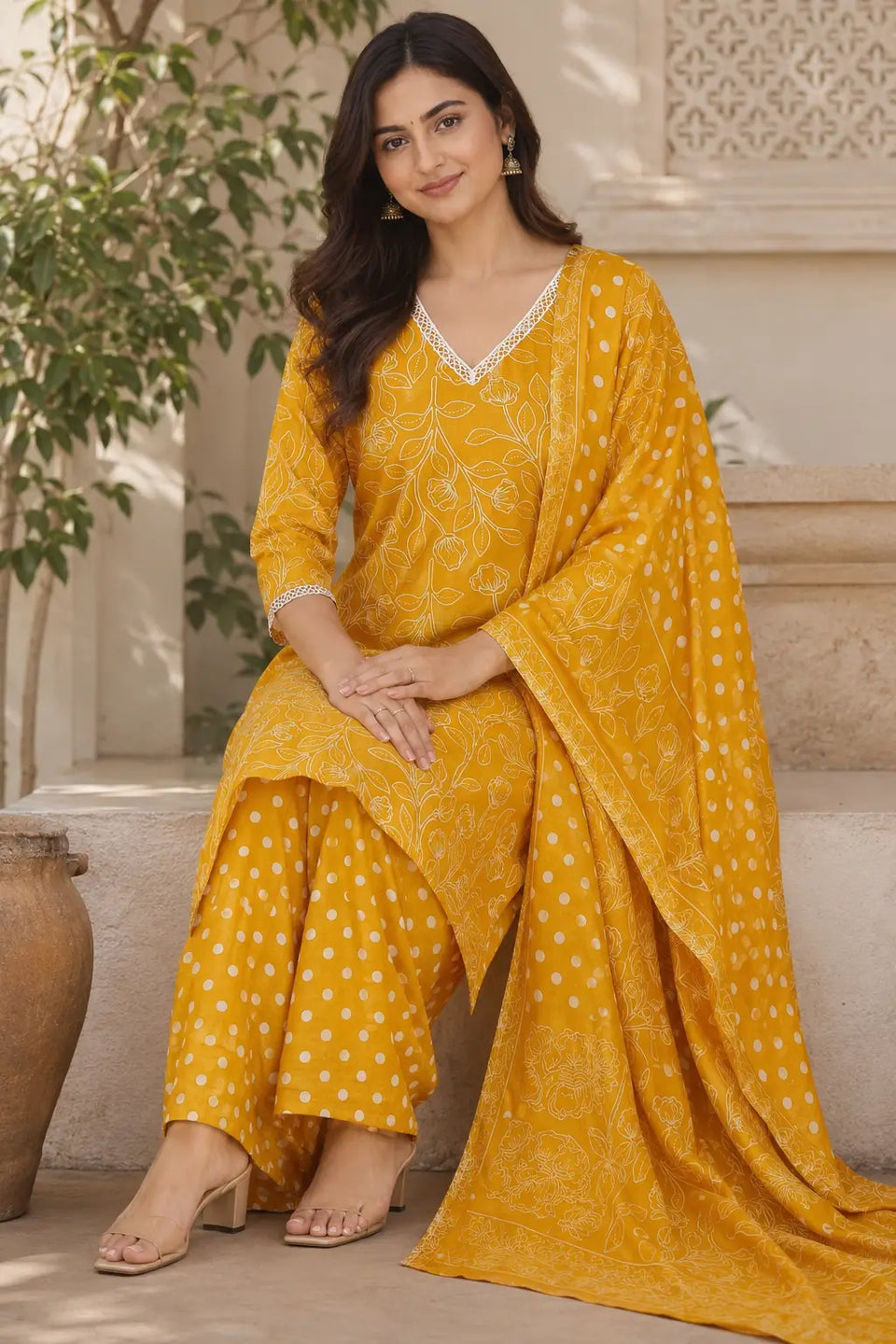 Premium mustard yellow cotton kurta pant set with dupatta for women by Rabric featuring white floral print and polka dot bottoms.