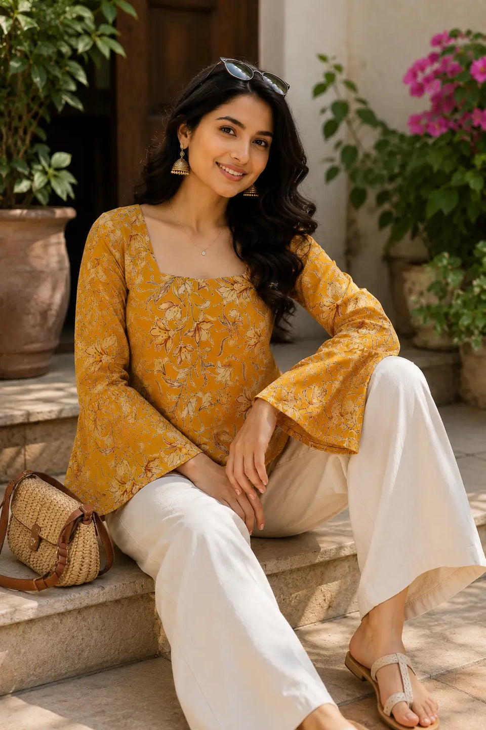 Rabric mustard yellow cotton floral printed short top styled with casual accessories in sitting lifestyle pose