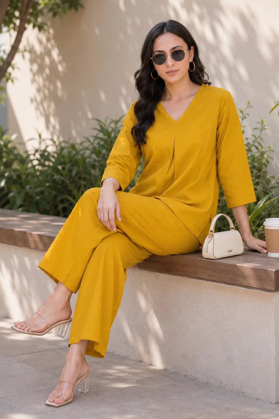 Rabric mustard yellow solid cotton co-ord set for women in a sitting pose with handbag and sunglasses, showing the relaxed wide-leg fit.