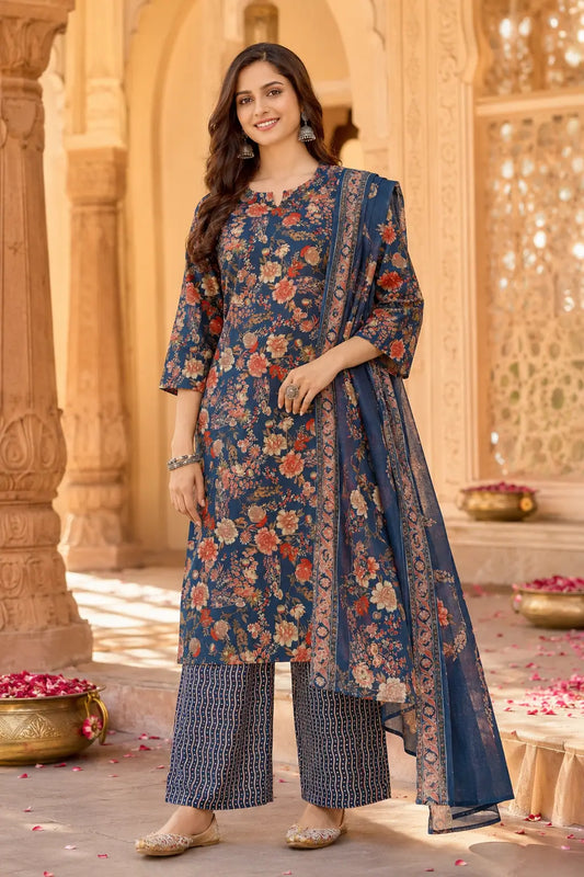 Navy blue cambric cotton floral kurta pant set with dupatta for women by Rabric front view ethnic wear
