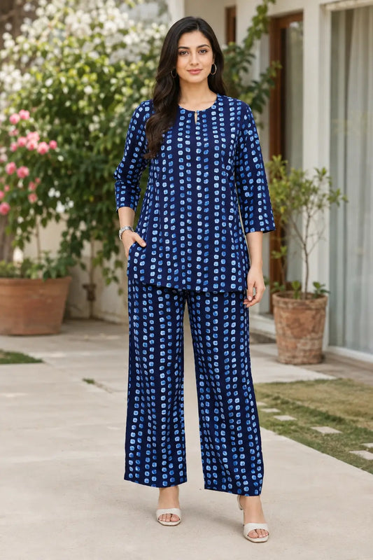 Rabric navy blue cotton co-ord set for women with light blue abstract dotted print, short top and wide leg pants, front view