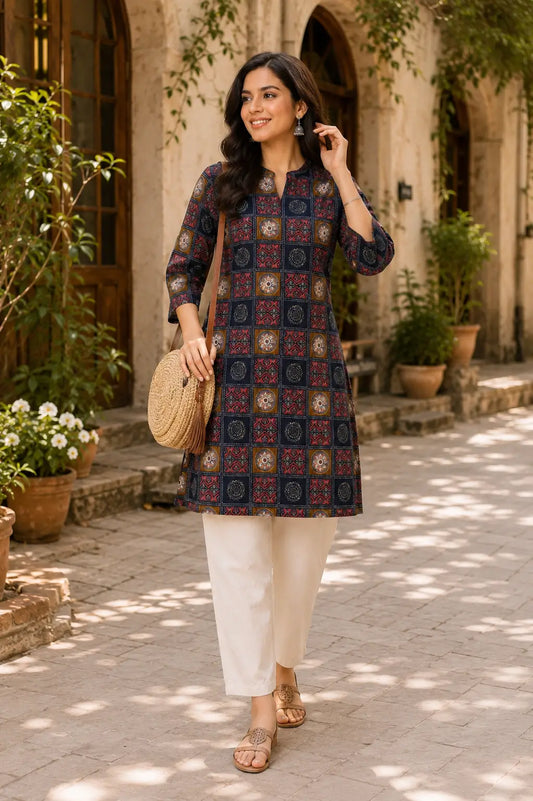 Rabric navy blue cotton flex printed women kurti front view with stylish neck and 3/4 sleeves ethnic casual wear