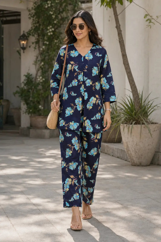 Rabric navy blue cotton floral print women co-ord set front view with V-neck top and matching straight pants