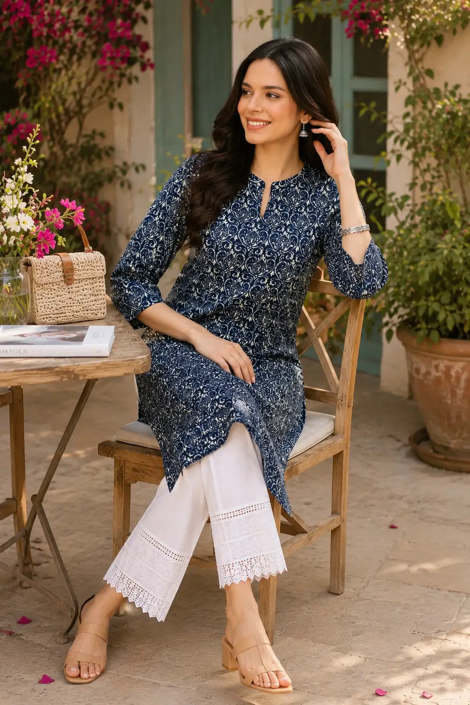 Rabric women navy blue cotton kurti in casual sitting pose with stylish accessories and ethnic fashion styling