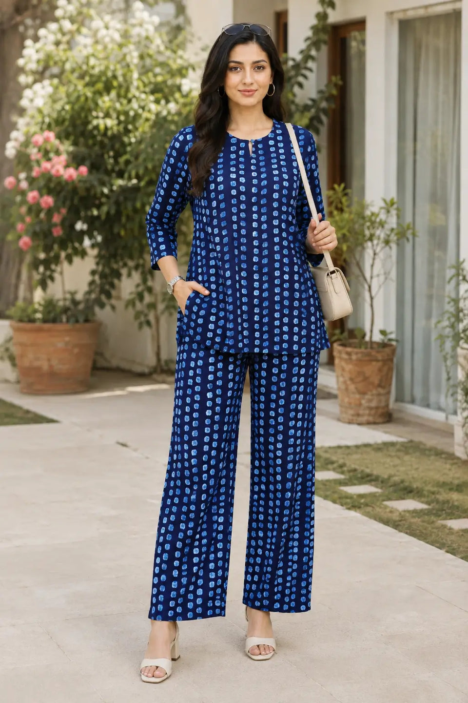 Rabric navy blue cotton casual co-ord set for women with light blue dotted print, short top and wide leg pants in outdoor lifestyle look