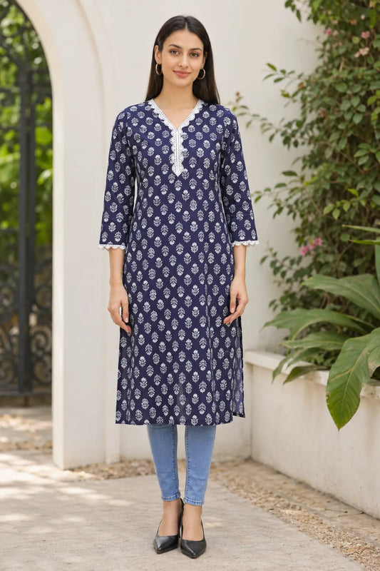 Rabric navy blue cotton straight kurti for women with white leaf floral print, V-neck embroidery design and 3/4 sleeves – front view