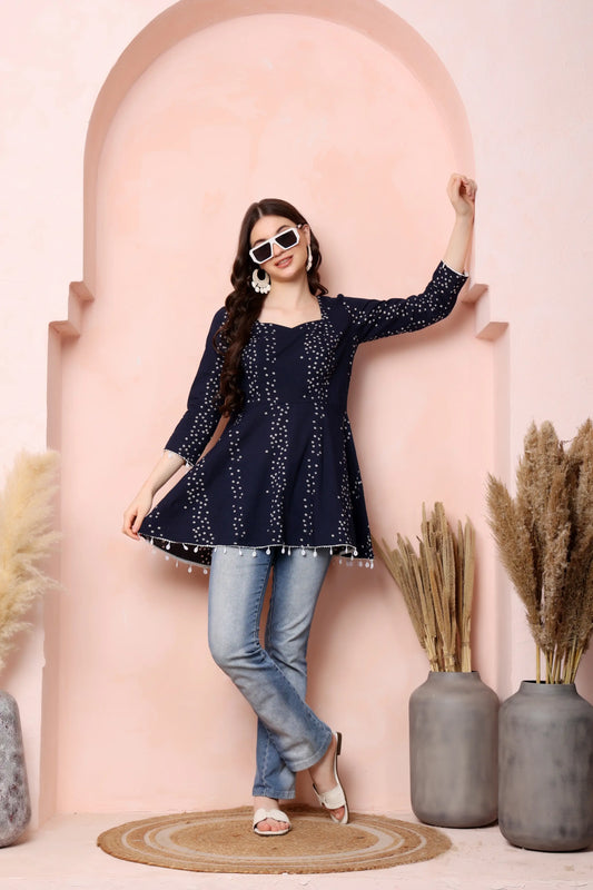 RABRIC navy blue pure cotton flared short kurti for women front view with Bandhani-inspired print