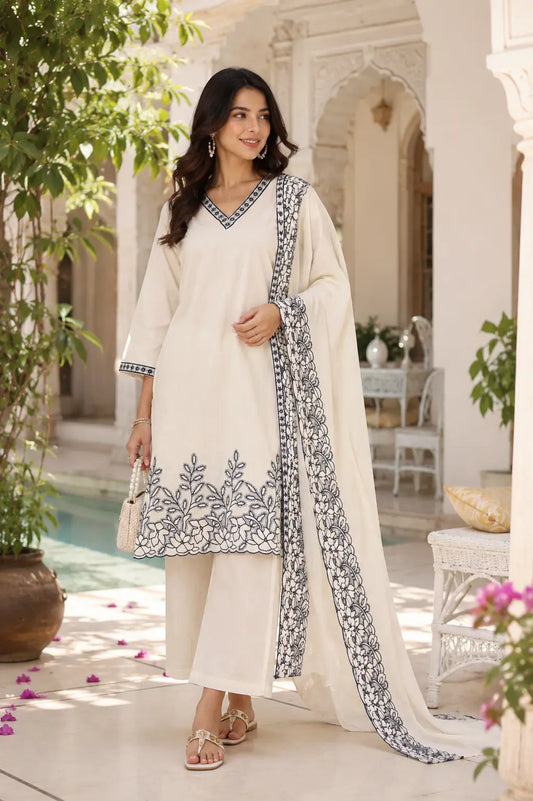 Rabric off white cambric cotton kurta pant set with dupatta for women front view with embroidered long kurta and straight plain pants