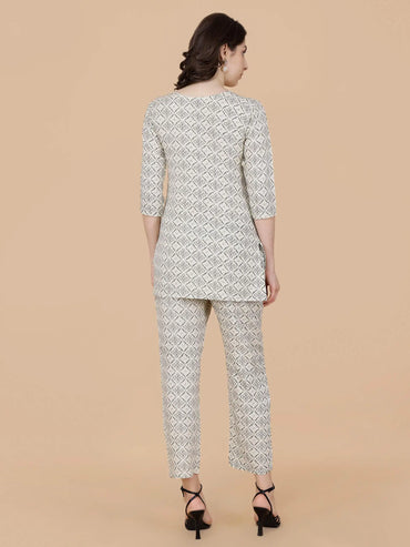 Back view of Off-White Printed Rayon Co-ord Set by Rabric