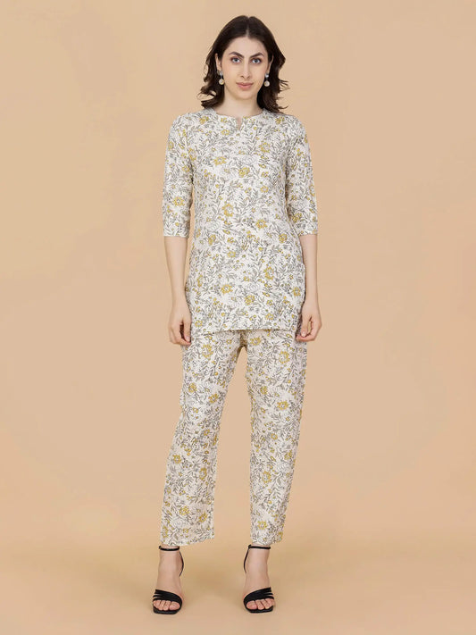 Off-white and yellow floral printed rayon co-ord set for women by Rabric
