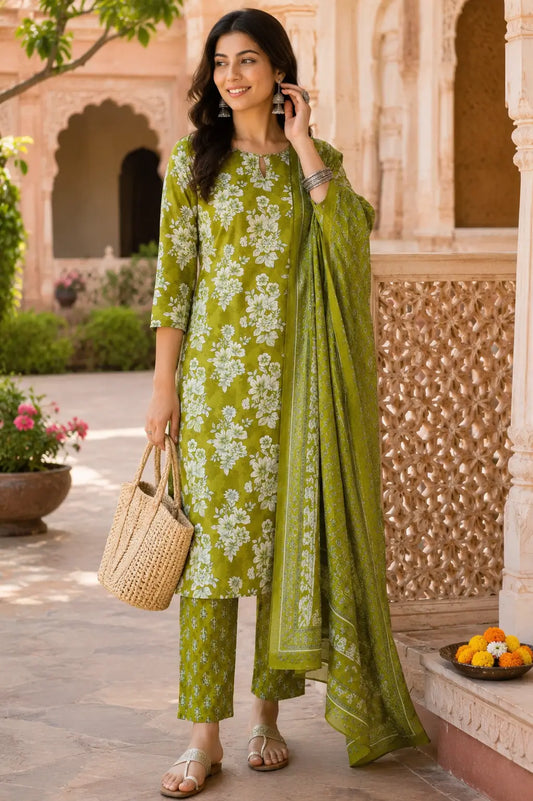 Rabric olive green cotton floral kurta pant set with dupatta front view for women ethnic wear