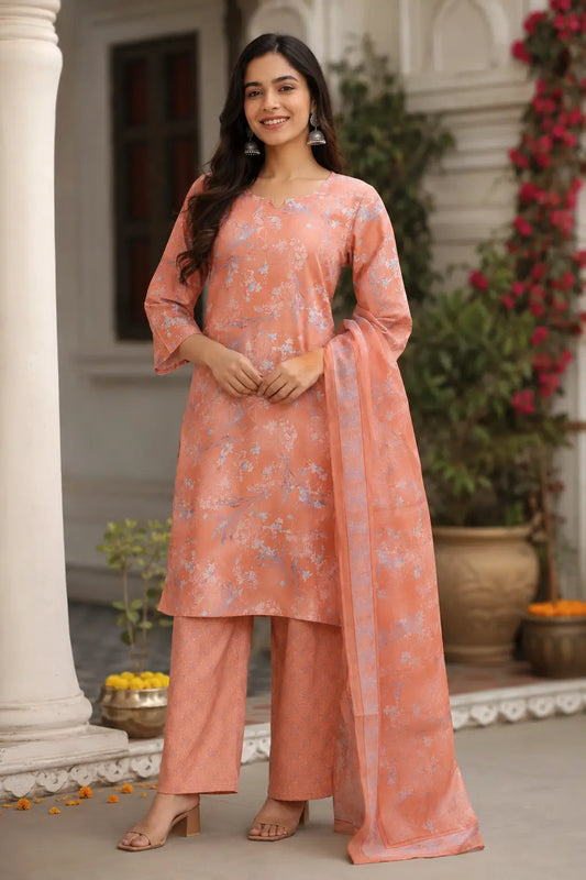 Rabric peach cambric cotton floral kurta pant set with dupatta for women front view with 3/4 sleeves ethnic wear
