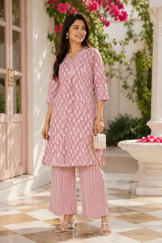 Rabric pink cotton leaf print kurta pant set for women front view with straight mid length kurta and palazzo pants