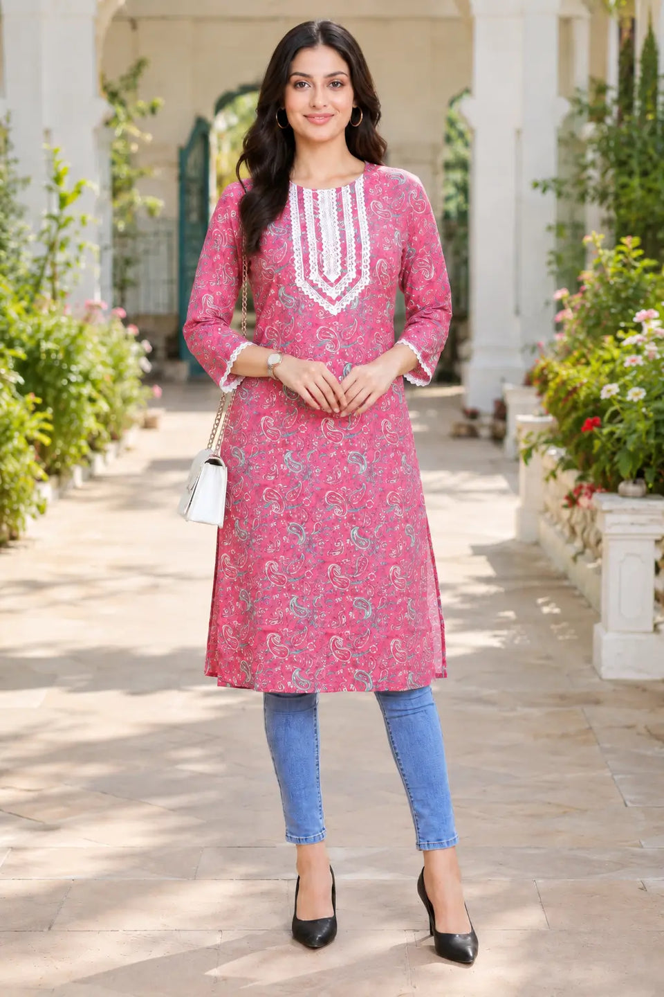 Woman wearing Rabric pink cotton paisley printed straight V-neck embroidered kurti with jeans for a casual outdoor everyday look