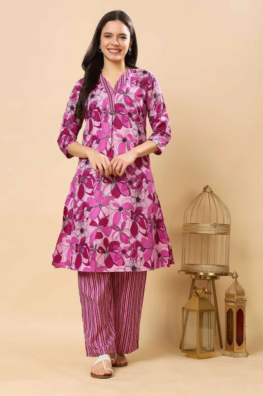 Pink floral cotton slub kurta pant set for women by Rabric – front view