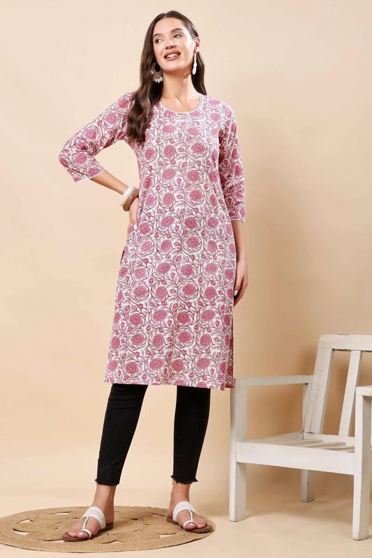 Rabric women’s pink floral printed long cotton kurti front view