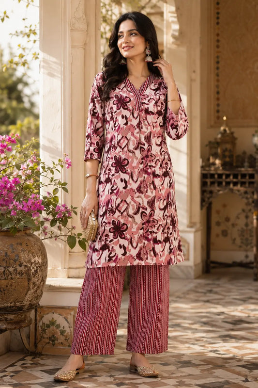 Rabric women pink and maroon cotton floral kurta pant set front view with 3/4 sleeves and straight pants ethnic wear