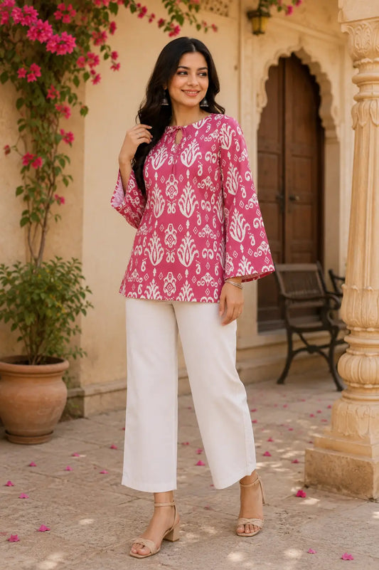 RABRIC women’s pink printed tunic top styled with white wide leg pants