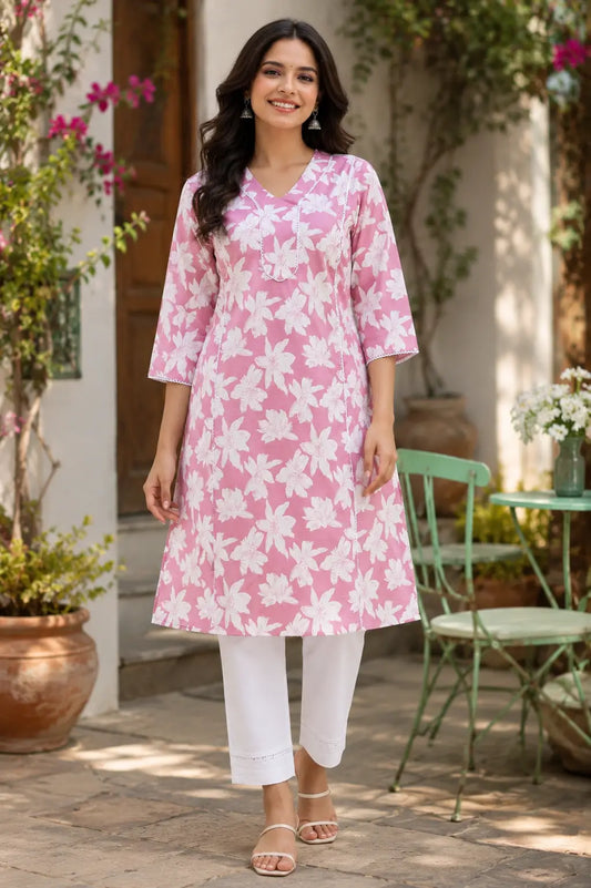 Rabric pink and white floral cotton kurti for women front view with stylish V neck and 3-4 sleeves mid length ethnic top