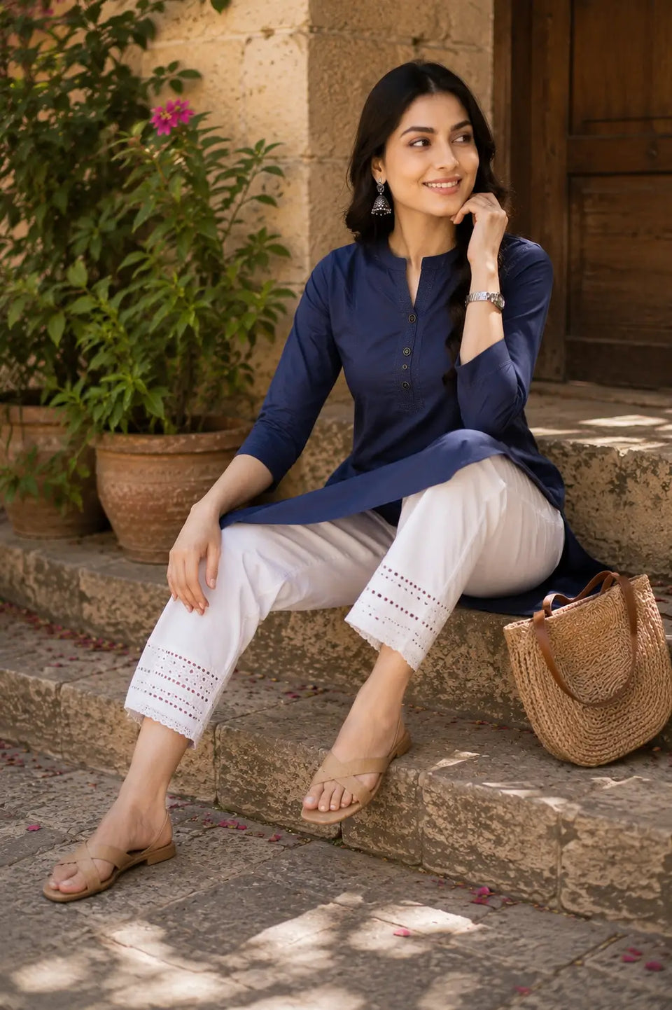 Rabric navy blue popline cotton women kurti casual sitting pose with stylish accessories and ethnic fashion styling