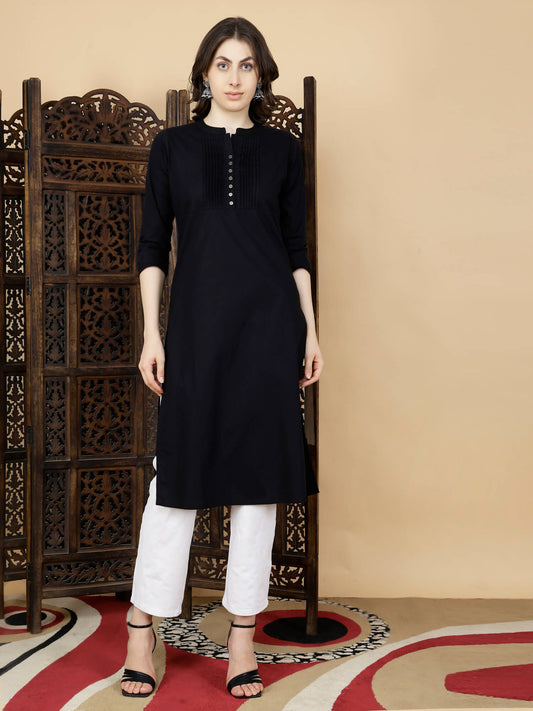 Rabric Premium Black Cotton Long Kurti for Women – Front View