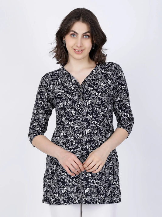 Rabric Premium Black and White Cotton Short Kurti Front View