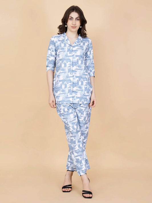 Rabric Premium Blue Abstract Print Glace Cotton Co-ord Set for Women