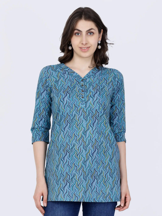 Rabric Premium Blue Cotton Short Kurti for Women Front View