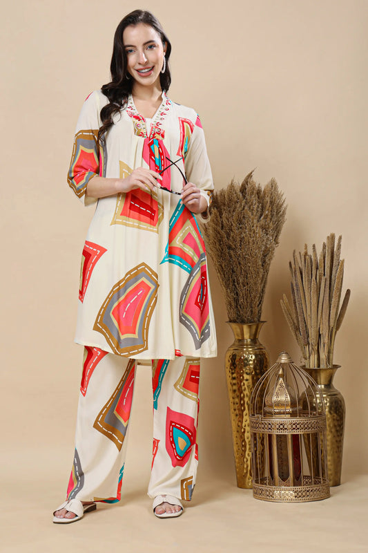 Rabric premium cotton embroidered co-ord set for women with long kurti and pants in geometric print