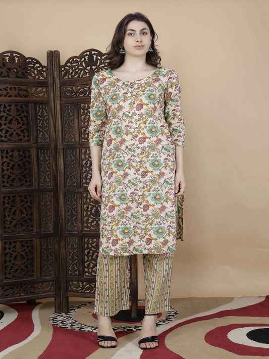 Rabric Premium Cotton Floral Kurti with Striped Pants for Women – Front View